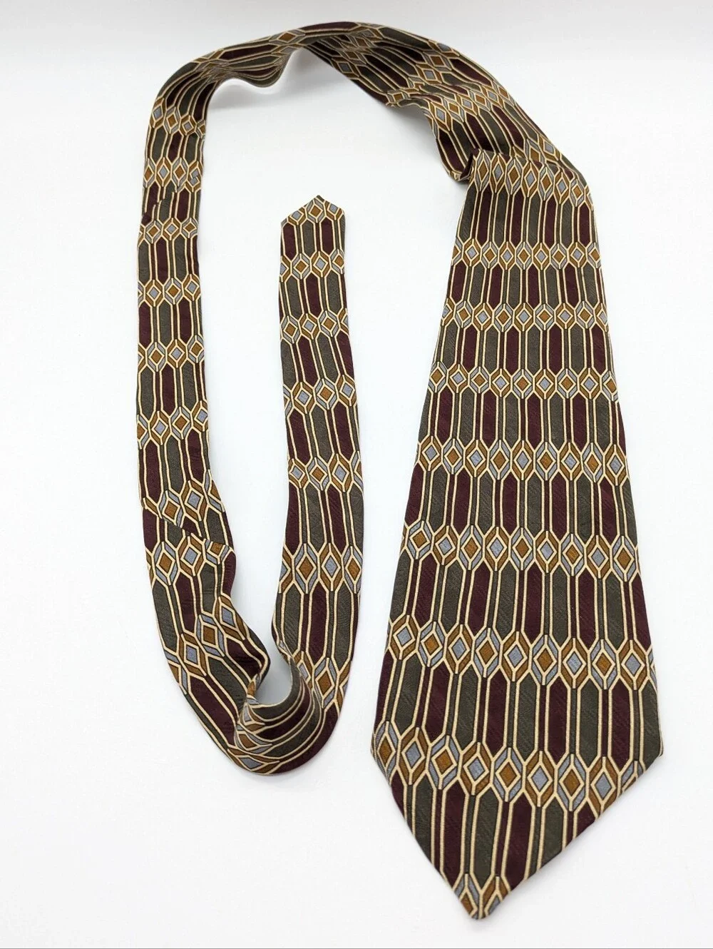 Vintage Robert Talbott Nordstrom Brown Green Maroon Geometric Art Deco Silk Tie